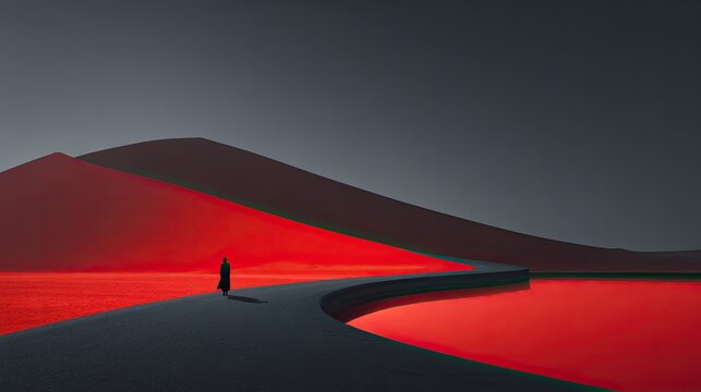 Lone figure walks on a dark path through a surreal red desert landscape under a grey sky.