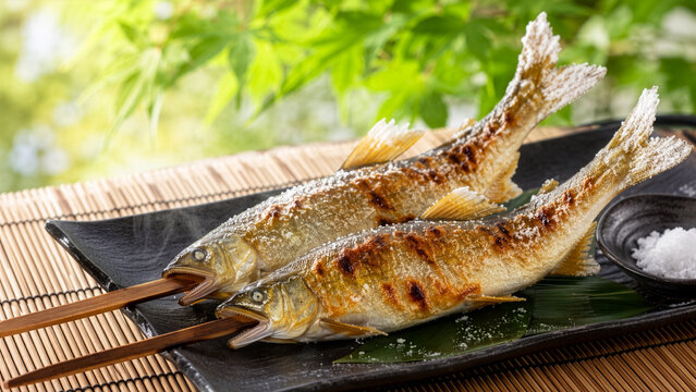 串に刺した鮎の塩焼き 夏の川魚料理を楽しむ和の食卓