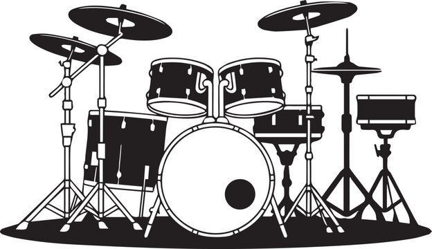 Black drum set with cymbals on stage ready for concert Vector