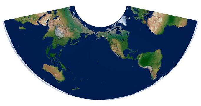 World Map. Albers conic equal-area projection. Animated high-detail physical map of Earth with longitude rotation.