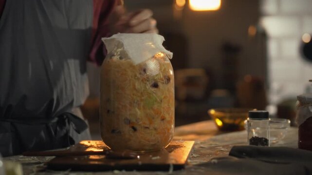 Person stores jar of freshly fermented sauerkraut, key vegetarian meal component, in a cool place, completes the prep process, utilizing brine to preserve the produce, emphasizing healthy fermentation