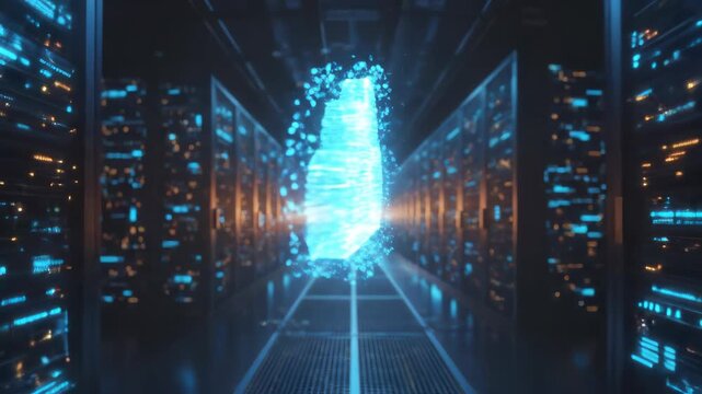 Digital cloud storage in a high tech data center, representing secure global data transfer, web network infrastructure, and internet connectivity