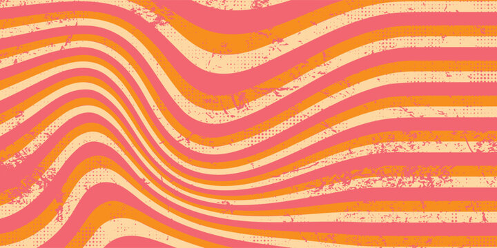 1970 Wavy Swirl Seamless Pattern in Orange and Pink Colors. Hand-Drawn Vector Illustration. Seventies Style, Groovy Background, Wallpaper, Print. Flat Design, Hippie Aesthetic.