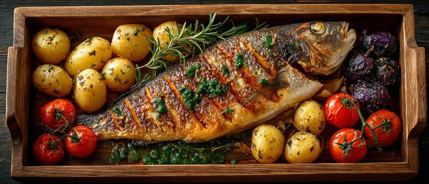 Baked fish with vegetables on a wooden platter makes the perfect backdrop for a food blog or restaurant menu.