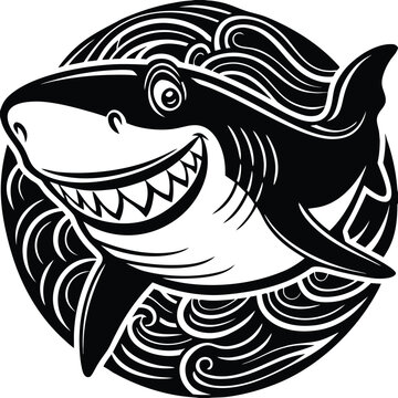 Black and white shark vector, cartoon shark icon, ocean creature illustration, monochrome design element