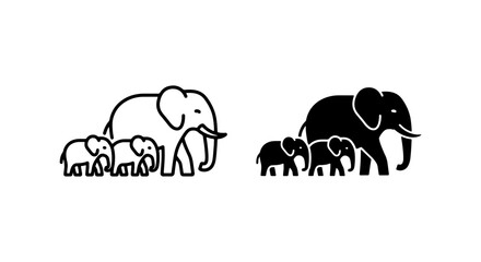 Elephant Family Icons, Simple Line Art & Silhouette Vector Graphics © MdNurul