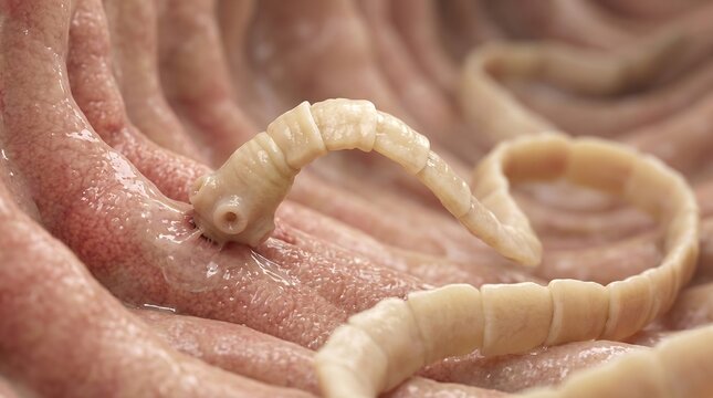 Detailed tapeworm attached to human intestine wall illustrating parasitology and digestive health concept