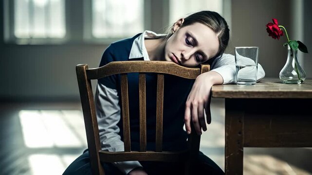 Young woman, very pale, showing deep fatigue, symptom of low iron, red blood cell deficiency, weak hemoglobin, resting inside the dim room.