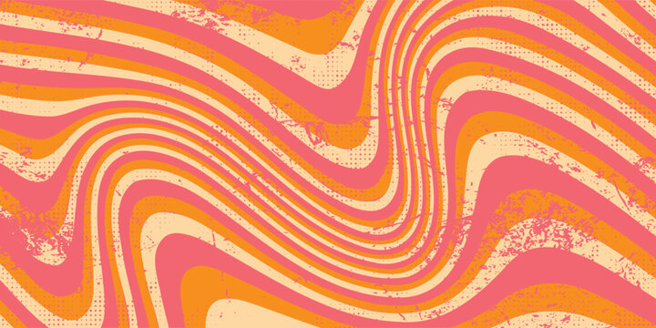 1970 Wavy Swirl Seamless Pattern in Orange and Pink Colors. Hand-Drawn Vector Illustration. Seventies Style, Groovy Background, Wallpaper, Print. Flat Design, Hippie Aesthetic.