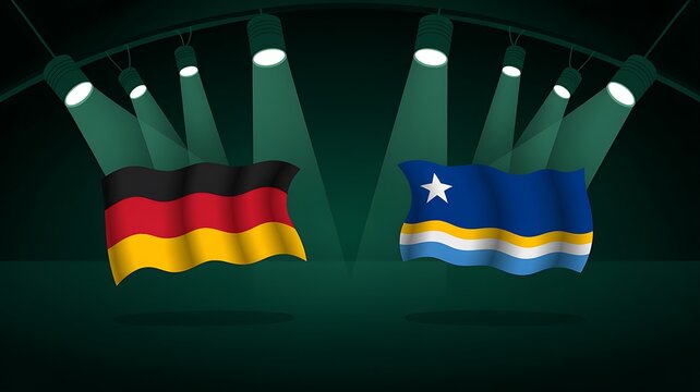 Waving flags of Germany and Curacao illuminated by spotlights on a dark stage