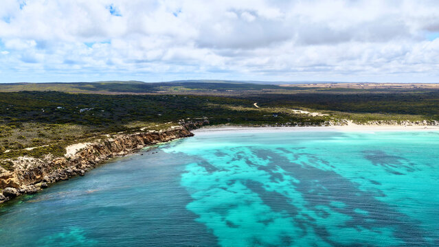 Fishery Bay, Sleaford, South Australia &ndash; 4K Aerial Drone view of Turquoise Waters, White Sand Beach and Rugged Eyre Peninsula Coastline in Lincoln National Park. 