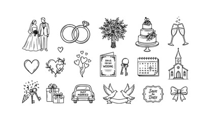 Hand drawn marriage icons set wedding elements black and white vector