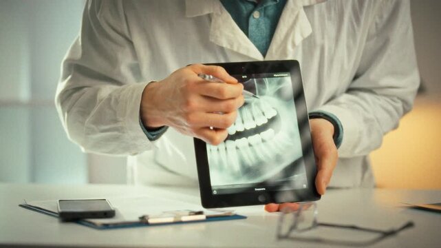 In dental clinic, dentist in white coat consults patient at the exam table, projecting panoramic jaw image on a tablet. He highlights problem spots and thoroughly explains the planned treatment steps