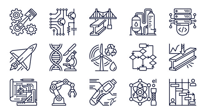 Industrial Engineering and Technical Infrastructure Line Icons Set. Mechanical Design, Structural Analysis, and Modern Technology Systems Vectors.
