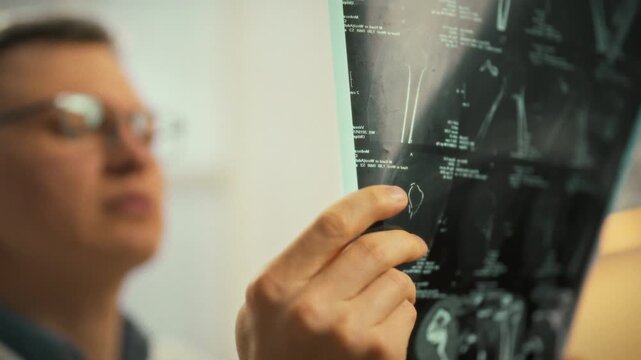 In hospital imaging suite, doctor holds a large MRI film displaying multiple angled images of the injury, aiding trauma assessment and guiding medical treatment decisions in the emergency department