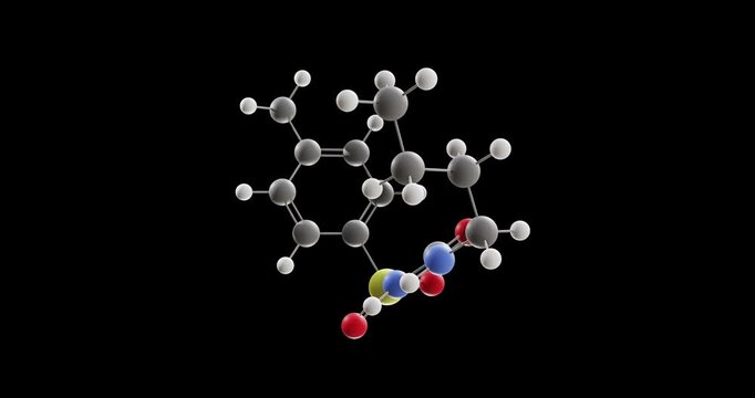 Tolbutamide molecule, rotating 3D model of antidiabetic medication, looped video on a black background
