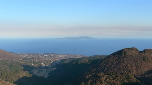 Aerial drone view of Mount Omuro, Yahazuyama and Izu Oshima volcanic landscape in Shizuoka Japan