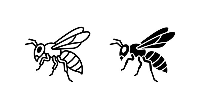 Insect Icons: Wasp Vector Art, Black and White Line Drawing, Flying Bug