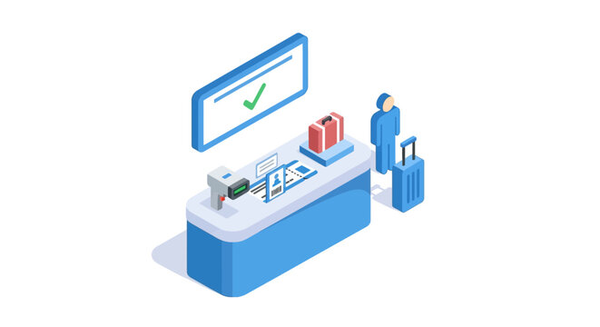 An isometric illustration of a traveler at an airport check in counter