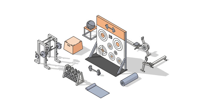 An isometric illustration showing various gym equipment for a fitness workout session
