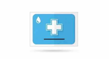 Fototapeta premium A clean, flat design graphic representing a medical blood test strip with a white cross emblem and droplet icon on a blue background.