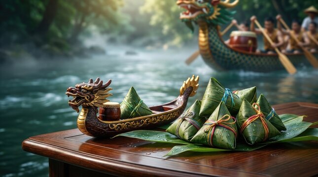 Traditional duanwu dragon boat festival event, miniature boat decoration, delicious zongzi rice dumpling, green bamboo leaf wrapper, cultural river race background, asian holiday celebration.