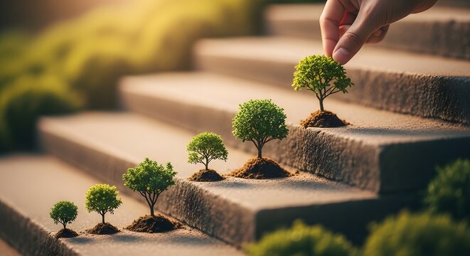 Personal development and step by step success coaching. Mentorship and career growth. Hand placing a small green tree on top of stone steps alongside other growing saplings