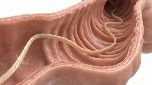 illustration of tapeworm parasite extending through human digestive tract with anatomical detail