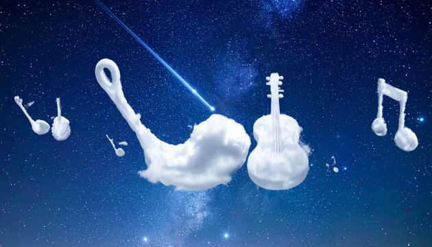 Whimsical Clouds Shaped Like Musical Instruments Play a Silent Symphony Under a Starry Night Sky
