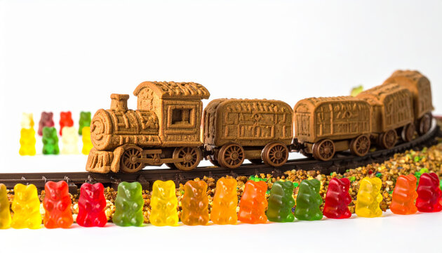 Whimsical cookie train powered by gummy bears on a sugary track, a delightful confectionery creation for imaginative play.