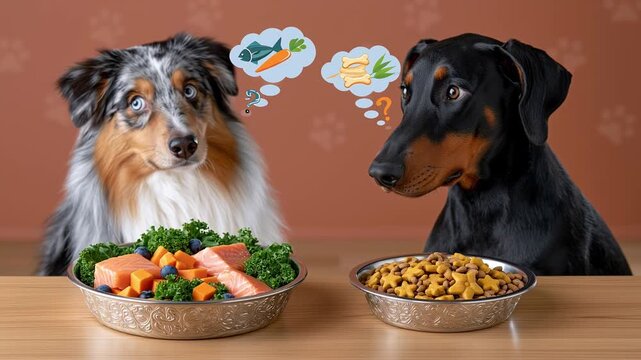 Dogs choosing between raw food and kibble with curious expressions and different nutrition preferences