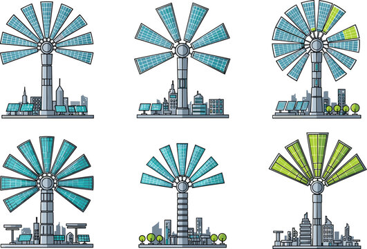 Illustration of various solar powered windmills in a cityscape setting with green and blue panels