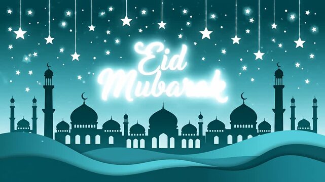 Eid mubarak greeting with mosques and stars in a decorative design