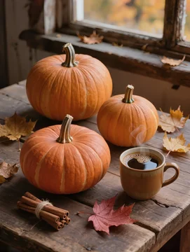 Enjoy warm autumn coffee with fresh pumpkins and cinnamon sticks on rustic wooden table