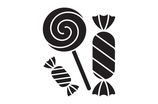 Candy silhouettes lollipop and wrapped sweets on white background