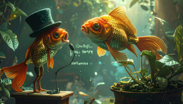 Whimsical goldfish in a top hat delivering a quantum physics lecture to another fish in an aquarium setting