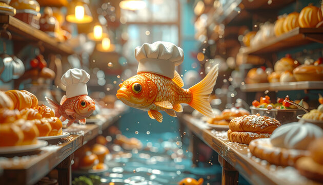Whimsical Goldfish Wearing Chef Hats Levitates in a Miniature Bakery Kitchen Filled with Pastries