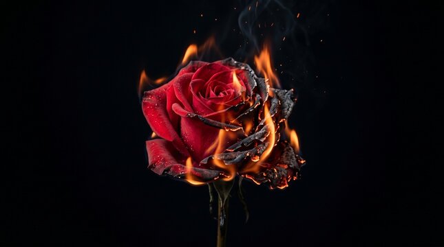 Burning red rose with flames on black background