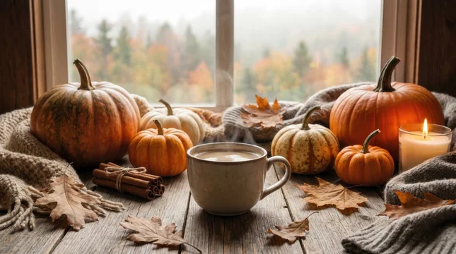 Steaming hot coffee mug resting on rustic wooden table surrounded by pumpkins and autumn leaves