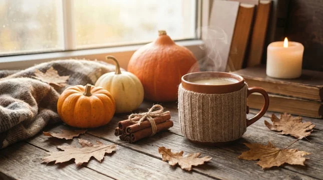 Savoring warm autumn beverage in knitted mug near window with pumpkins and cinnamon