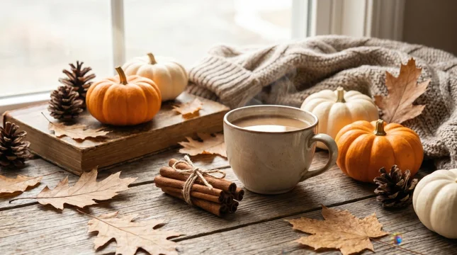 Enjoying cozy autumn morning with hot drink vintage books and fresh seasonal pumpkins