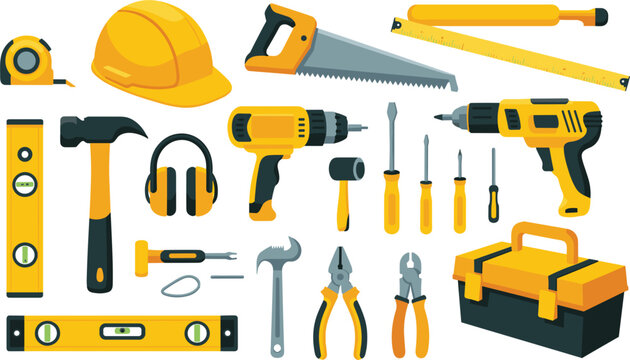 Yellow construction hand tools set with helmet, power drill, toolbox, hammer and safety gear vector