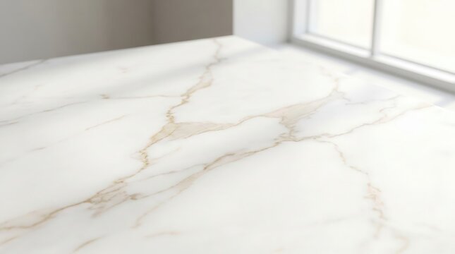 Empty white marble table surface bathed in natural sunlight near bright window