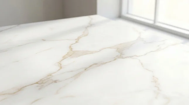 Empty white marble table surface bathed in natural sunlight near bright window