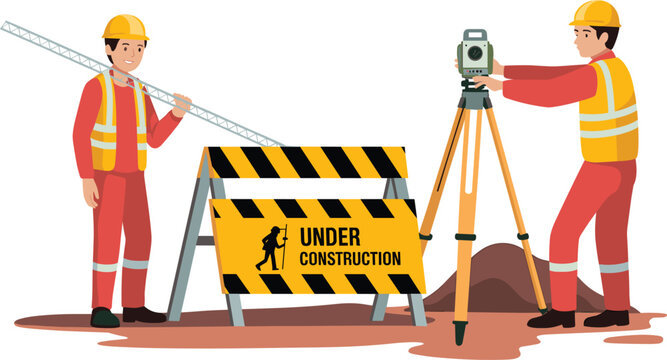 Construction surveyors measuring land with total station, tripod and under construction sign vector layout