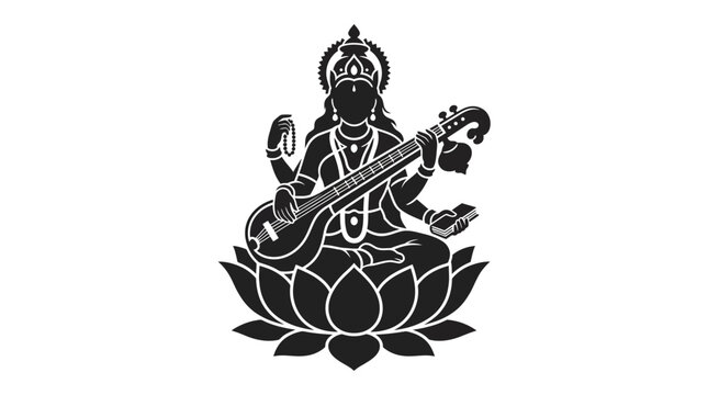 Saraswati goddess playing veena on lotus flower black silhouette.