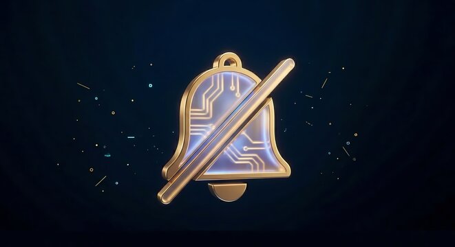 Futuristic golden mute bell icon with cyber circuit patterns, abstract digital notification silence and do not disturb symbol, 3D render, AI generated