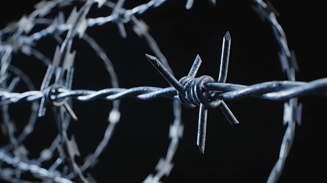 Close up of barbed wire against black background abstract concept