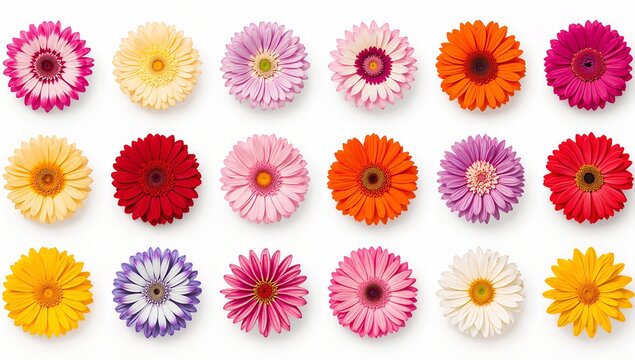 A vibrant collection of gerbera daisies in various colors arranged in three rows
