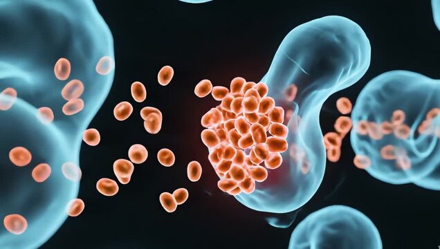 Insulin receptors slowly becoming blocked by excess glucose particles, transparent biological structures with soft red warning glow